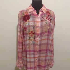 Johnny Was Pink and White Embellished Button Down Shirt